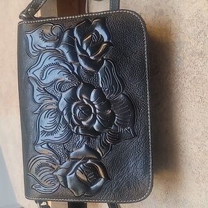 Beautiful Leather Black Embossed Patricia Nash Crossbody Bag - Rose Collection